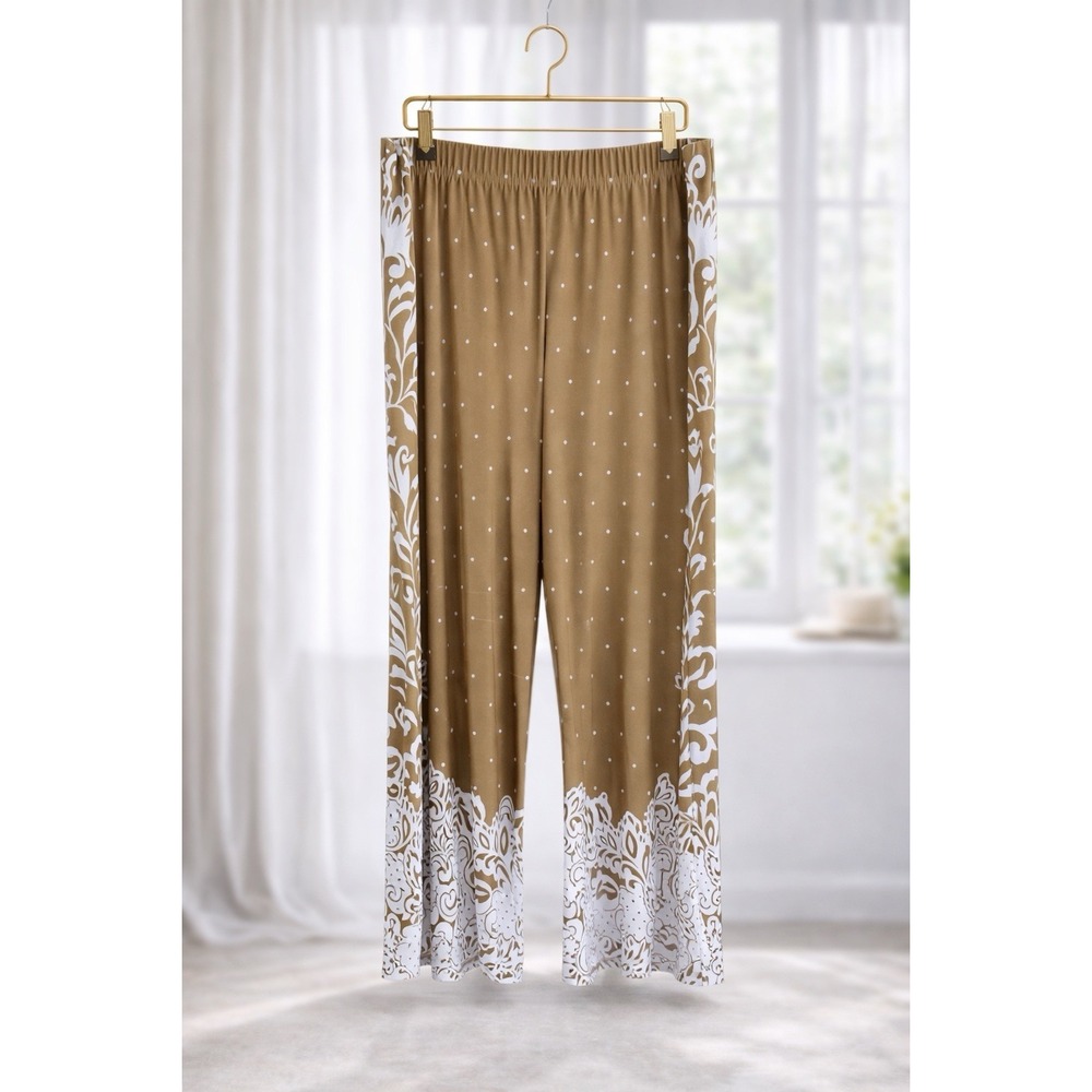 Susan Graver Liquid Knit Pull-On Wide Leg Crop Pant 1XP Petite Tan White A353365